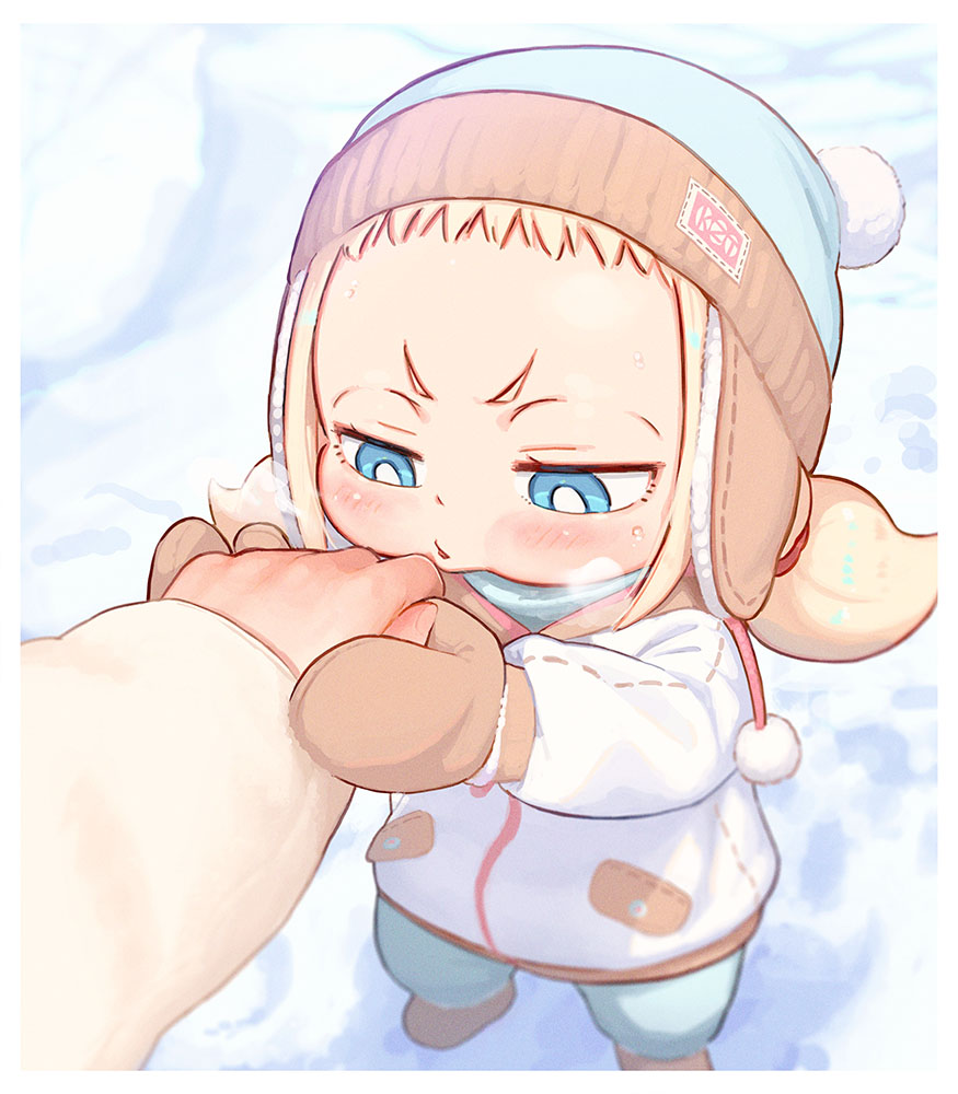 1girl :&lt; beanie blonde_hair blowing blue_eyes blurry breath bright_pupils child commentary_request depth_of_field english_commentary engrish_commentary hand_grab hat kozato_(yu_kozato) little_blonde_girl_(kozato) mittens mixed-language_commentary original pom_pom_(clothes) short_bangs snow twintails white_pupils winter