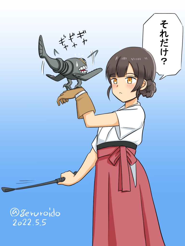 1girl aircraft airplane bangs blue_background blunt_bangs braid brown_eyes brown_hair commentary_request double_bun dougi geru gradient gradient_background hakama hakama_skirt japanese_clothes kantai_collection long_hair one-hour_drawing_challenge red_hakama riding_crop skirt solo twin_braids un'you_(kancolle) yawata_maru_(kancolle)