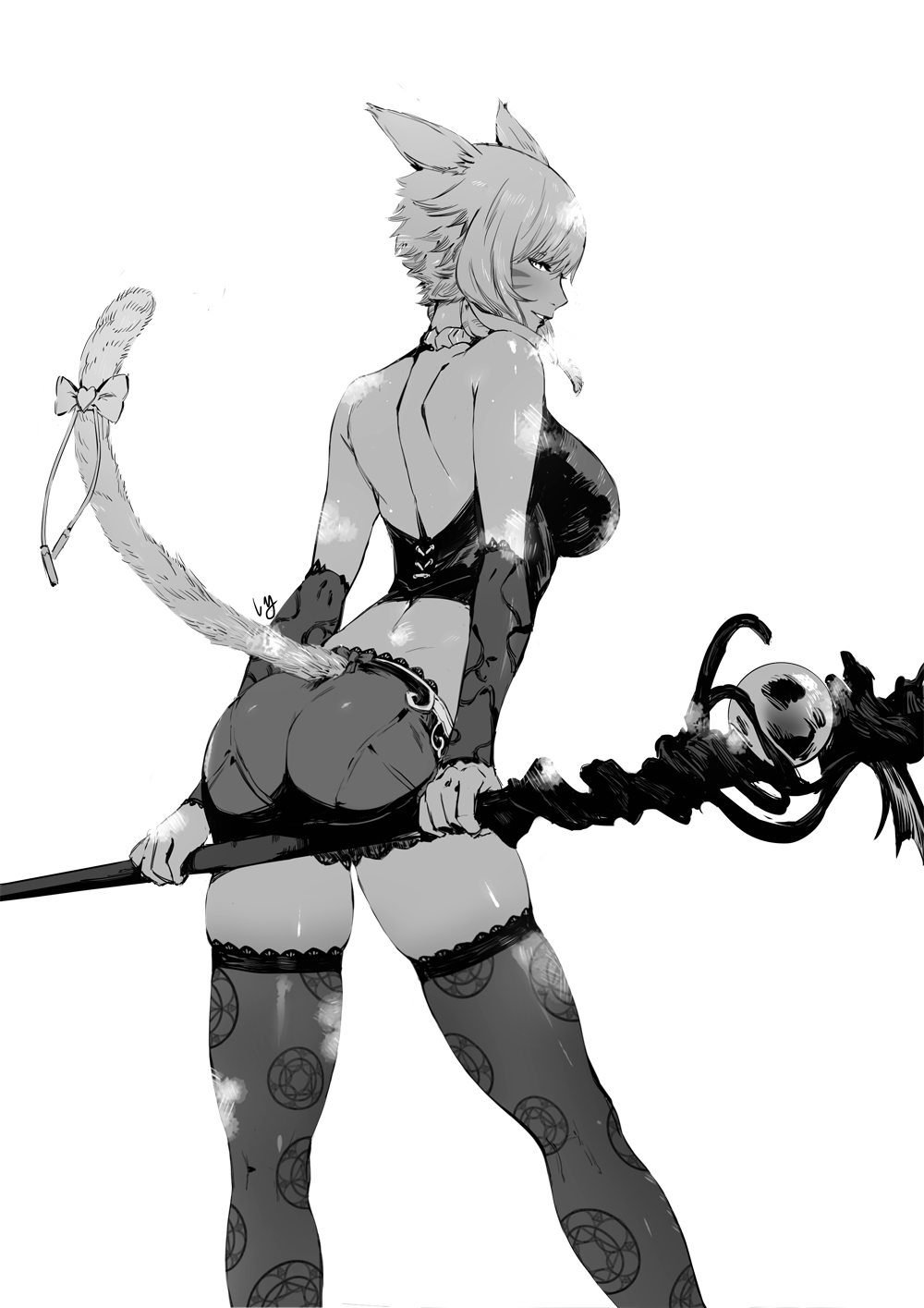 1girl animal_ears ass bangs bow breasts cat_ears cat_tail club3 facial_mark final_fantasy final_fantasy_xiv from_behind greyscale highres holding holding_staff looking_at_viewer medium_breasts midriff miqo'te monochrome short_hair shorts solo staff tail tail_bow tail_ornament thigh-highs whisker_markings white_background y'shtola_rhul