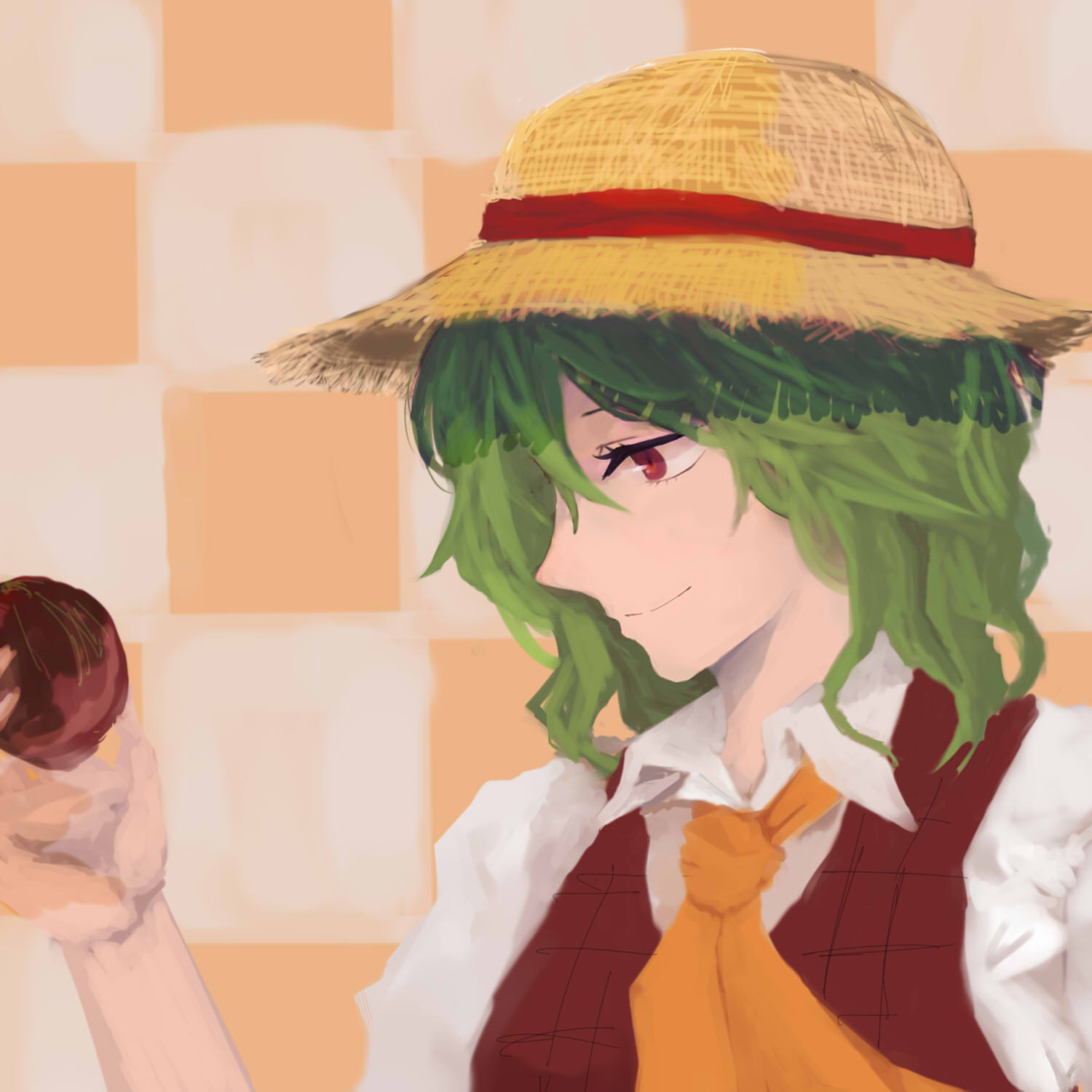 1girl ascot checkered_background collared_shirt green_hair hat highres holding kazami_yuuka looking_at_object medium_hair noel_(pixiv5459099) plaid plaid_vest red_eyes shirt smile solo straw_hat touhou upper_body vest