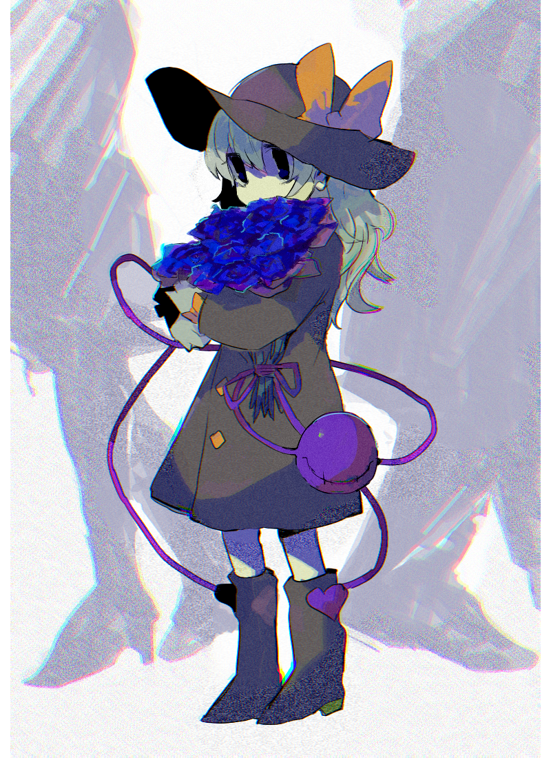 1girl alternate_costume black_coat black_footwear black_headwear blue_eyes blue_flower blue_rose boots bouquet bow buttons coat covered_mouth flower full_body green_hair hair_between_eyes hat hat_bow holding holding_bouquet komeiji_koishi long_hair looking_afar rose solo soumenhiyamugi standing third_eye touhou yellow_bow