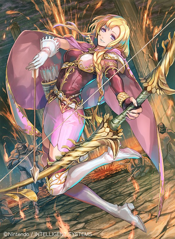 1girl archery asymmetrical_gloves bisaiiiii blonde_hair boots bow_(weapon) braid company_name copyright_name fingerless_gloves fire_emblem fire_emblem:_the_blazing_blade fire_emblem_cipher gloves grin holding holding_weapon looking_at_viewer louise_(fire_emblem) molten_rock official_art outdoors purple_gloves purple_legwear quiver skirt smile solo_focus thigh-highs thigh_boots violet_eyes weapon white_footwear white_gloves