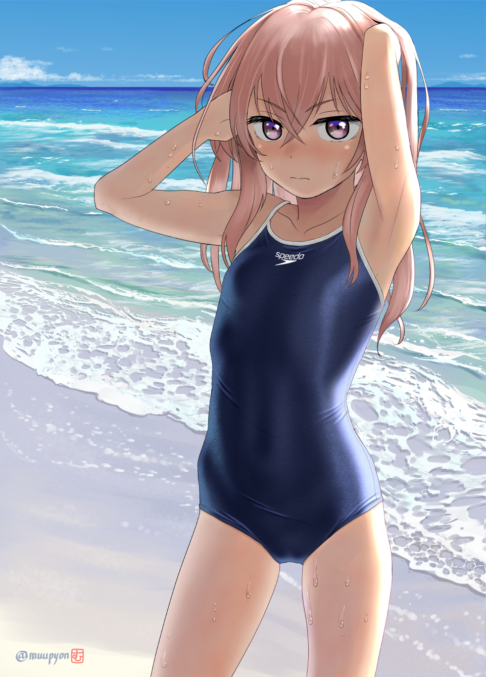 1girl armpits arms_up bangs beach blue_sky blue_swimsuit blush breasts closed_mouth clouds collarbone competition_school_swimsuit cowboy_shot day eyebrows_visible_through_hair hair_between_eyes highres horizon inui_sajuna long_hair looking_at_viewer mu-pyon ocean one-piece_swimsuit outdoors pink_eyes pink_hair school_swimsuit sky small_breasts solo sono_bisque_doll_wa_koi_wo_suru standing swimsuit twitter_username violet_eyes water wet