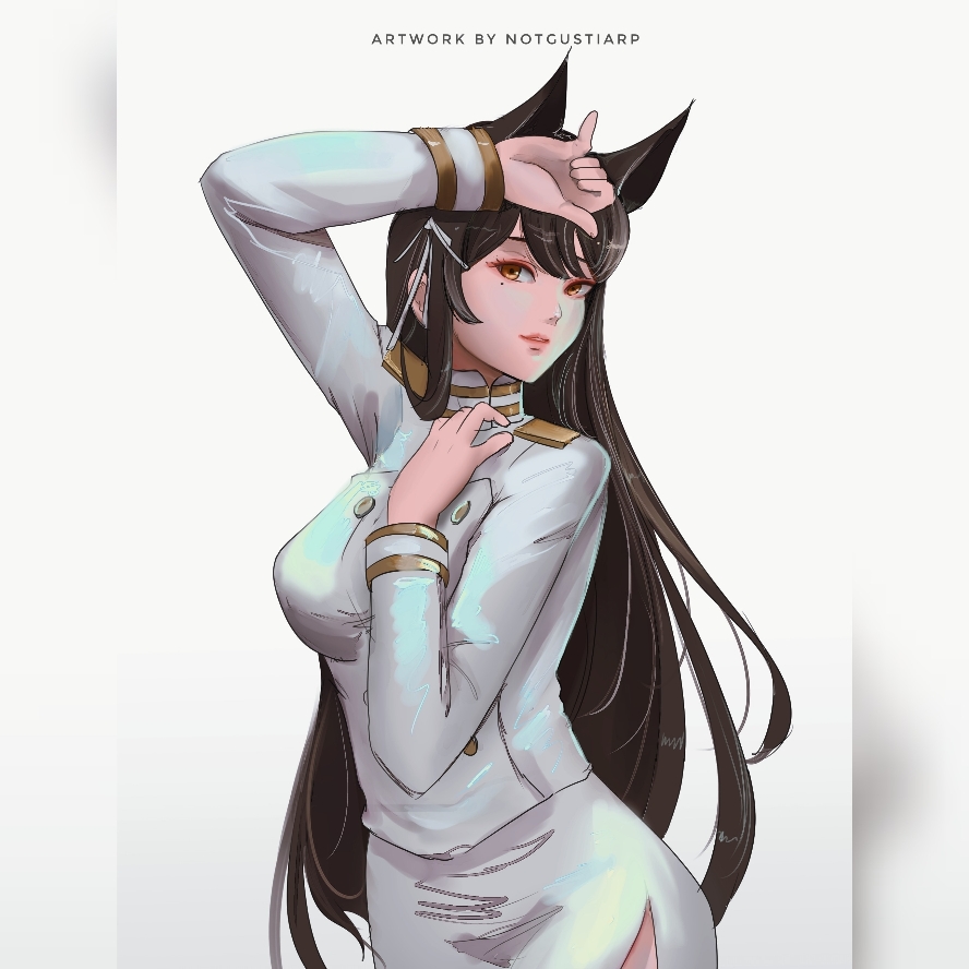 1girl animal_ears artist_name atago_(azur_lane) azur_lane black_hair breasts buttons cowboy_shot double-breasted hair_ribbon jacket large_breasts lips long_hair looking_at_viewer military military_uniform mole mole_under_eye naval_uniform notgustiarp pencil_skirt ribbon simple_background skirt solo standing uniform very_long_hair white_background white_jacket white_ribbon white_skirt yellow_eyes