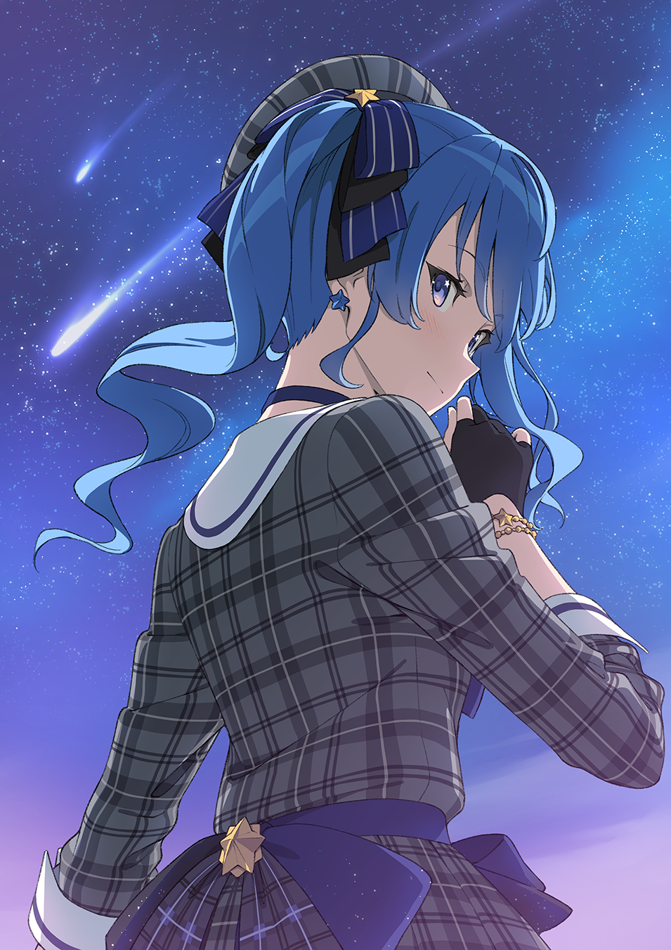1girl bangs beret black_gloves blue_choker blue_eyes blue_hair blush bracelet choker closed_mouth dress earrings eyebrows_visible_through_hair falling_star from_behind gloves grey_dress grey_headwear hand_up hat highres hololive hoshimachi_suisei jewelry kanzaki_hiro long_hair long_sleeves looking_at_viewer looking_back night night_sky partially_fingerless_gloves plaid plaid_dress sky solo star_(sky) star_(symbol) star_earrings star_in_eye starry_sky symbol_in_eye twintails upper_body virtual_youtuber