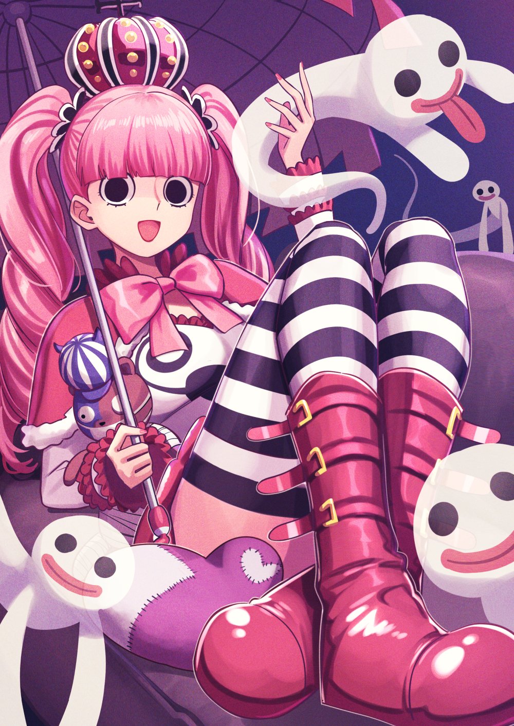 1girl black_eyes boots bow capelet crossed_legs crown deadnooodles fur_trim hair_behind_ear highres long_hair looking_at_viewer one_piece open_mouth perona pink_bow pink_capelet pink_footwear pink_hair shirt sitting smile solo striped striped_legwear thigh-highs twintails white_shirt