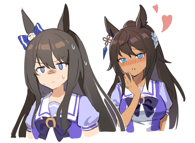 2girls animal_ears bangs blue_eyes blush breasts brown_hair closed_mouth dark-skinned_female dark_skin deep_impact_(umamusume) hand_on_own_cheek hand_on_own_face heart horse_ears jitome looking_at_another looking_at_viewer medium_breasts multiple_girls nose_blush puffy_short_sleeves puffy_sleeves sailor_collar school_uniform short_sleeves sweat symboli_kris_s_(umamusume) tracen_school_uniform turn_pale umamusume upper_body wufaxianshi_cnd yuri