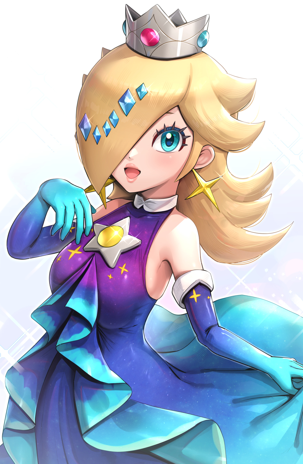 1girl alternate_costume blonde_hair breasts crown dress earrings elbow_gloves gloves gonzarez highres jewelry medium_breasts one_eye_covered rosalina simple_background solo star_(symbol) star_earrings super_mario_bros. super_mario_galaxy white_background