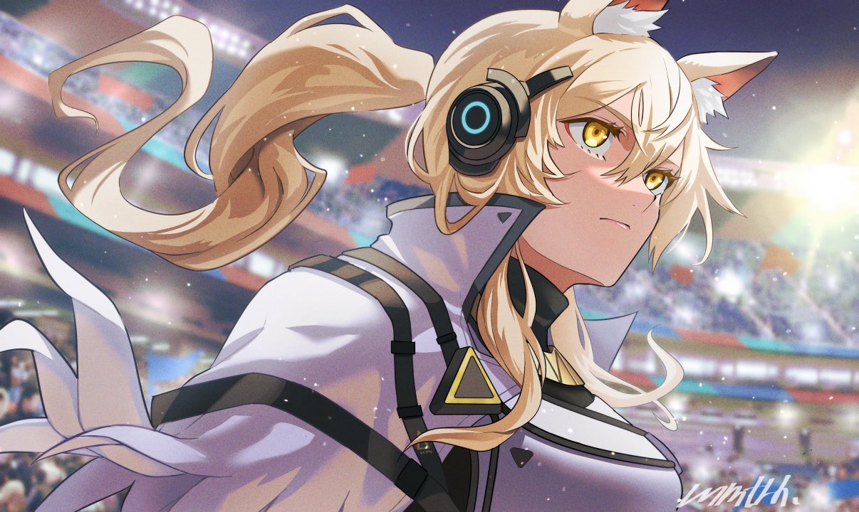1girl animal_ear_fluff animal_ears arknights bangs blonde_hair breasts closed_mouth crowd eyebrows_visible_through_hair hair_between_eyes headset horse_ears implied_extra_ears large_breasts long_hair memetaroh nearl_(arknights) nearl_the_radiant_knight_(arknights) ponytail serious sidelocks signature solo_focus stadium upper_body v-shaped_eyebrows yellow_eyes