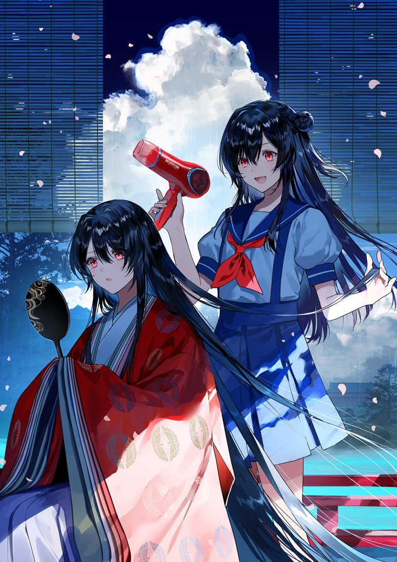 2girls bangs black_hair blue_sailor_collar blue_skirt clouds copyright_request folding_fan hair_bun hair_dryer hand_fan japanese_clothes kimono kuga_huna long_hair multiple_girls neckerchief petals pleated_skirt red_eyes red_kimono red_neckerchief sailor_collar school_uniform serafuku sitting skirt standing white_serafuku