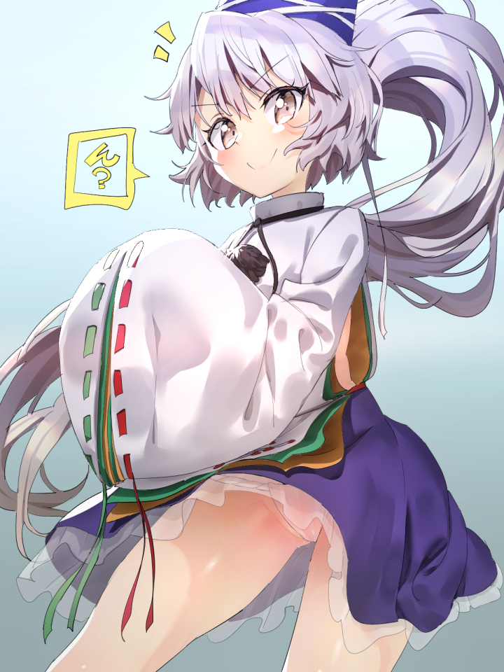 1girl blue_headwear blue_skirt closed_mouth eyebrows_visible_through_hair gradient gradient_background grey_background grey_eyes hands_in_opposite_sleeves hat japanese_clothes kariginu long_hair long_sleeves looking_at_viewer mononobe_no_futo panties pantyshot polpol pom_pom_(clothes) ponytail ribbon-trimmed_sleeves ribbon_trim skirt smile solo speech_bubble standing tate_eboshi thighs touhou underwear v-shaped_eyebrows wide_sleeves