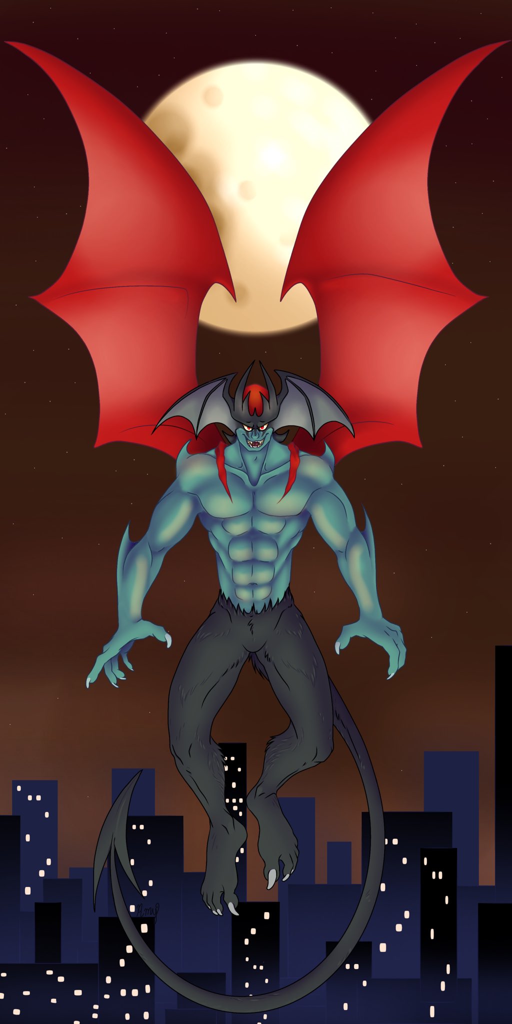 1boy arm_blade bat_wings black_wings blade claws colored_skin demon demon_boy demon_horns demon_tail demon_wings devilman devilman_(character) fingernails head_wings highres horns milkywamy smile tail teeth weapon wings