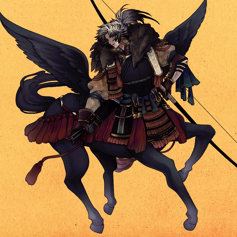 1boy armor arrow_(projectile) bangs bow_(weapon) brown_gloves centaur commentary_request doshaburi_(kushira) dou eyebrows_visible_through_hair feathered_wings full_body fur_trim gloves grey_hair holding holding_arrow holding_bow_(weapon) holding_weapon horse_tail japanese_armor japanese_clothes kote looking_at_viewer male_focus monster_boy multiple_legs original parted_lips ponytail quiver shoulder_armor sidelocks sideways_mouth sode solo standing tail tassel taur weapon wings yellow_background