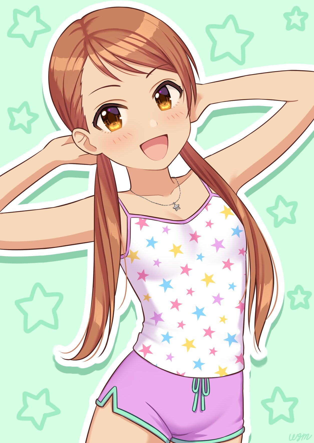 arms_behind_head bangs blush brown_hair camisole collarbone commentary_request dolphin_shorts eyebrows flat_chest green_background hands_up highres hojo_karen idolmaster idolmaster_cinderella_girls jewelry long_sleeves looking_at_viewer low_twintails necklace open_mouth pink_shorts shorts smile solo star_(symbol) star_necklace star_print thighs twintails wgm_oekaki white_camisole yellow_eyes younger