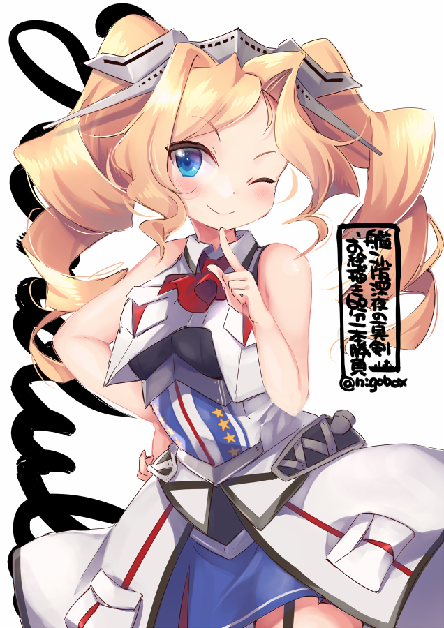 1girl blonde_hair blue_eyes breasts character_name cowboy_shot crop_top dress drill_hair headgear honolulu_(kancolle) kantai_collection large_breasts long_hair looking_at_viewer military military_uniform n:go one-hour_drawing_challenge one_eye_closed overskirt pleated_dress sleeveless smile solo twin_drills twintails uniform
