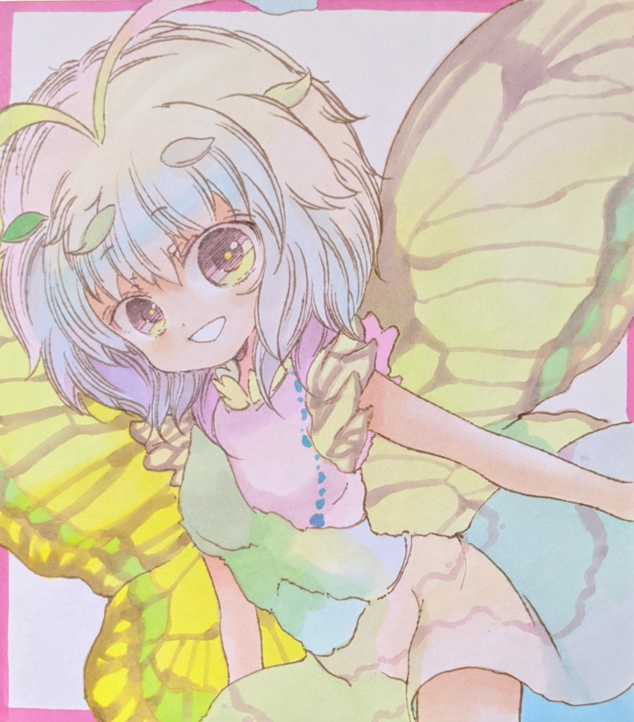 1girl antennae aqua_hair blush butterfly_wings cowboy_shot dress eternity_larva eyebrows_visible_through_hair fairy green_dress hair_between_eyes leaf leaf_on_head multicolored_clothes multicolored_dress nishina_masato open_mouth short_hair short_sleeves smile solo touhou traditional_media wings yellow_eyes