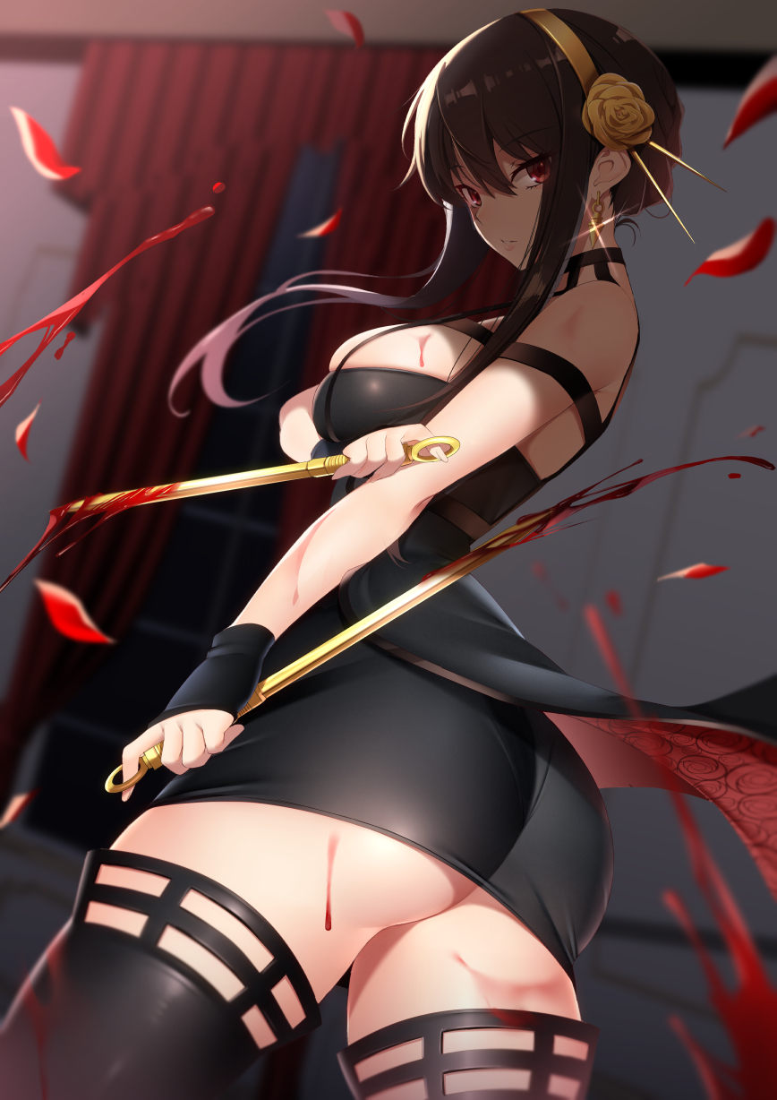 1girl ass black_dress black_hair black_legwear blood blood_on_breasts blood_on_weapon blurry blurry_background breasts closed_mouth cowboy_shot dagger dress dual_wielding earrings falling_petals flower from_behind glint gold_earrings gold_hairband hair_flower hair_ornament highres holding holding_dagger holding_weapon jewelry kippuru knife large_breasts looking_at_viewer looking_back petals red_eyes rose solo spikes spy_x_family thigh-highs thighs twisted_torso weapon window yor_briar