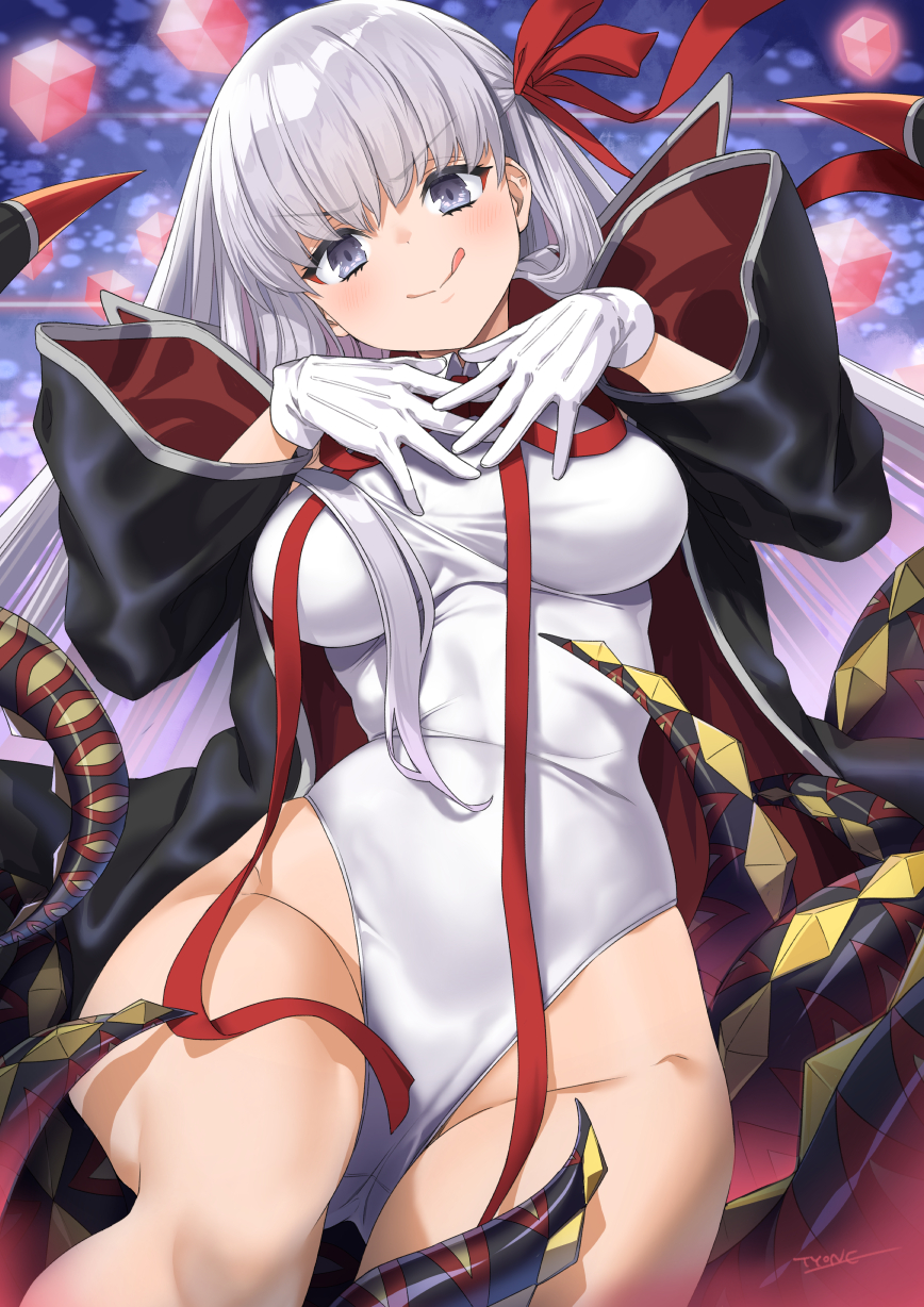 1girl bangs bare_shoulders bat_wings bb_(fate) bb_(swimsuit_mooncancer)_(fate) black_coat blush breasts coat cube fate/grand_order fate_(series) gloves hair_ribbon highleg highleg_leotard highres large_breasts leotard licking_lips long_hair looking_at_viewer neck_ribbon open_clothes open_coat popped_collar purple_hair red_ribbon ribbon smile solo_focus tentacles thighs tongue tongue_out tyone very_long_hair violet_eyes white_gloves white_leotard wings