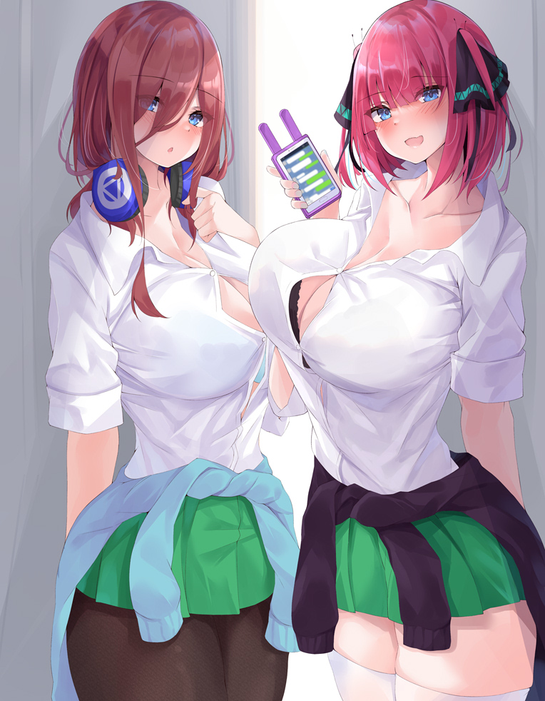 2girls black_bra black_legwear blue_bra blue_eyes blush bra bra_visible_through_clothes breasts bursting_breasts cellphone clothes_around_waist collarbone eyebrows_visible_through_hair go-toubun_no_hanayome green_skirt hair_ribbon hand_up headphones headphones_around_neck holding holding_phone large_breasts long_hair looking_at_viewer micosiva multiple_girls nakano_miku nakano_nino open_mouth pantyhose phone pink_hair redhead ribbon school_uniform shirt short_sleeves skirt smartphone smartphone_case sweater sweater_around_waist thigh-highs two_side_up underwear white_legwear white_shirt