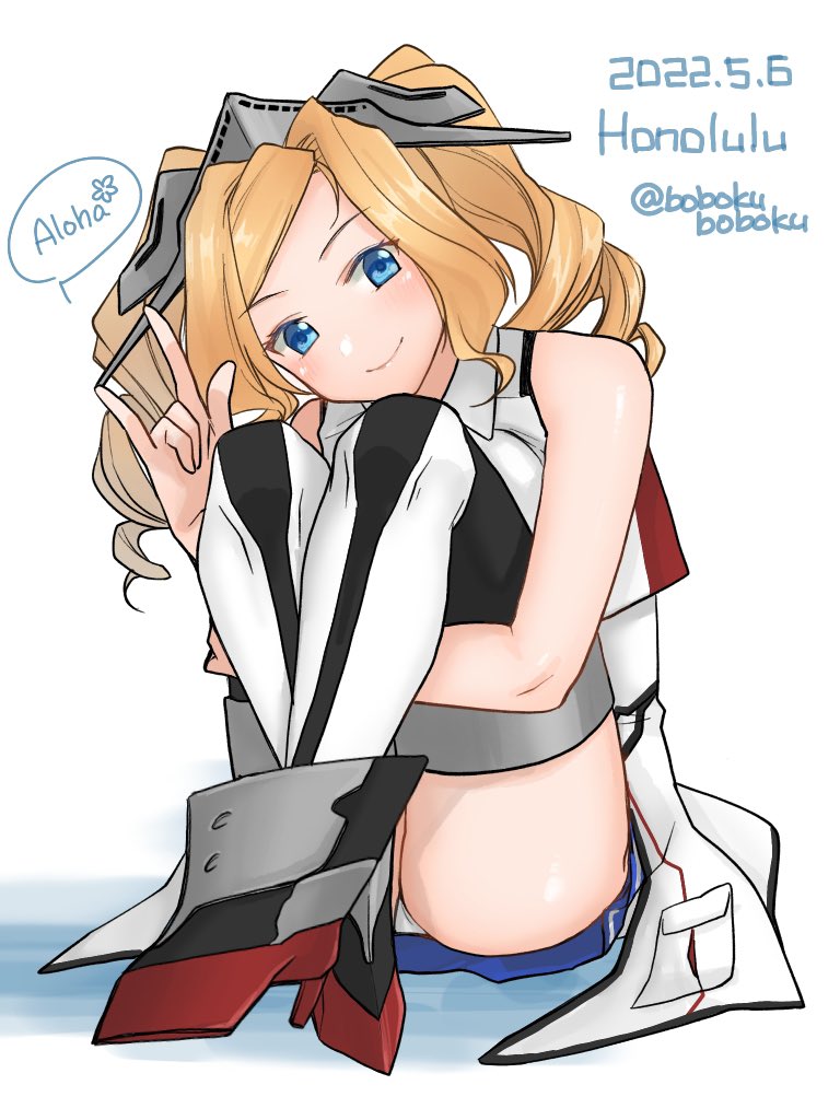 1girl blonde_hair blue_dress blue_eyes bobokuboboku breasts character_name crop_top dated dress drill_hair honolulu_(kancolle) hugging_own_legs kantai_collection large_breasts long_hair looking_at_viewer military military_uniform one-hour_drawing_challenge overskirt pleated_dress shaka_sign simple_background sitting solo thigh-highs twin_drills twintails twitter_username uniform v white_background
