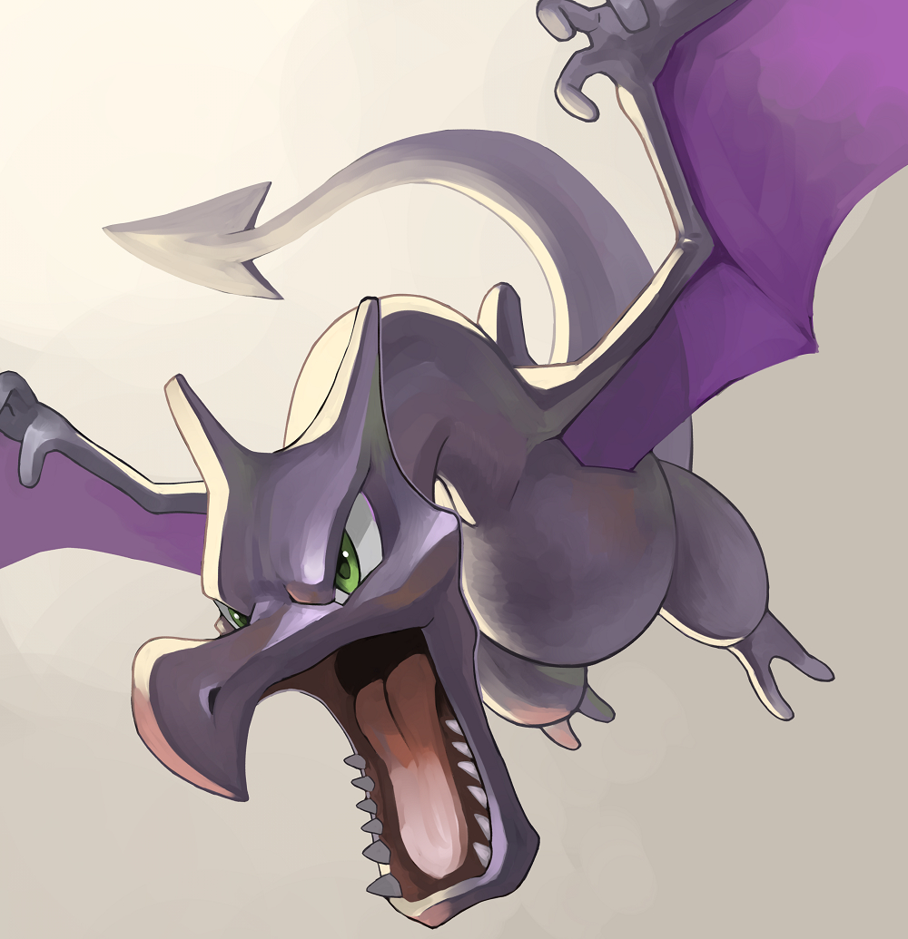 aerodactyl commentary_request flying green_eyes grey_background looking_down no_humans open_mouth pokemon pokemon_(creature) sharp_teeth solo teeth tesshii_(riza4828) tongue