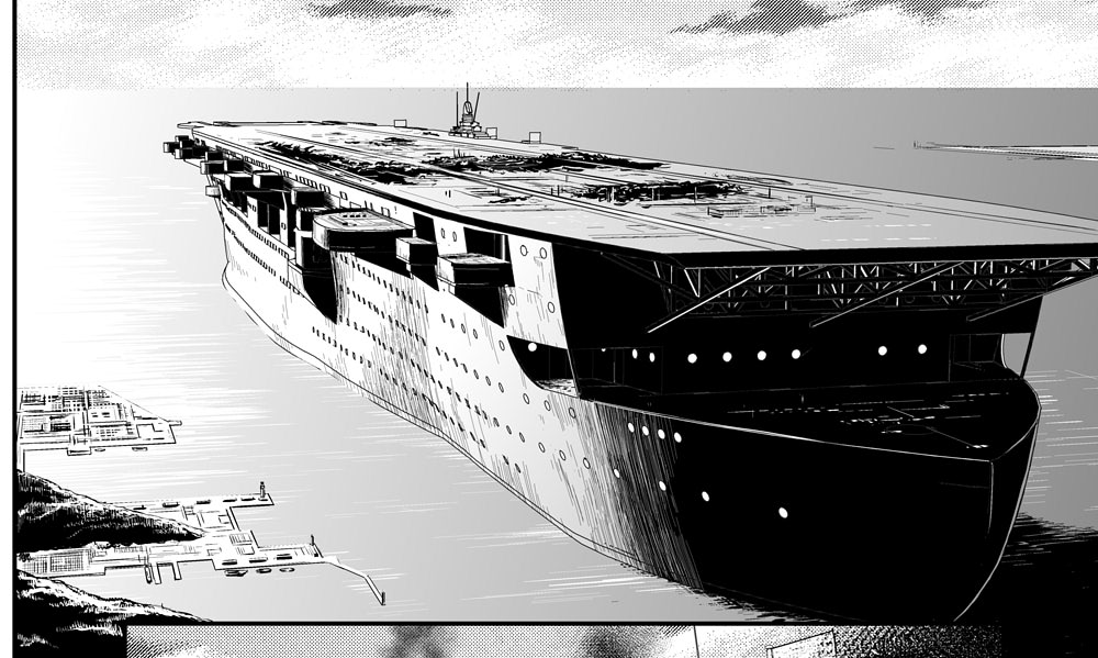 aircraft_carrier cropped day girls_und_panzer girls_und_panzer_saga_of_pravda greyscale horizon military military_vehicle monochrome no_humans ocean official_art outdoors scenery ship shore vehicle_request warship watercraft yoshida_hajime zuikaku_(girls_und_panzer)