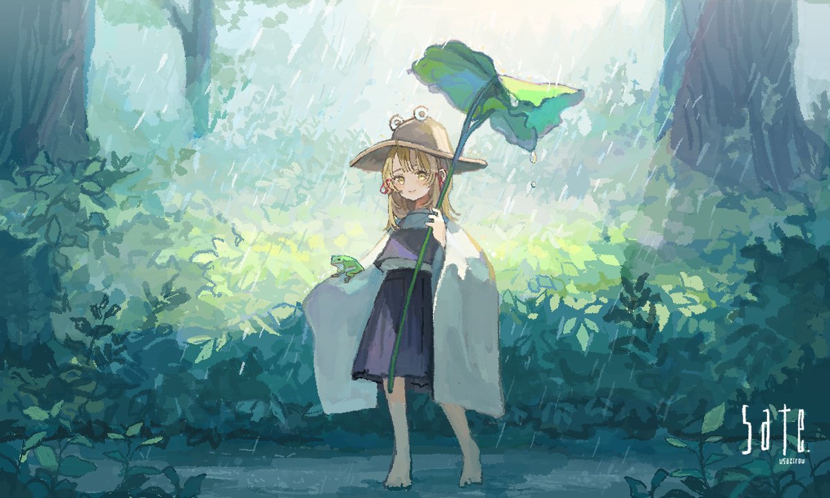 1girl artist_name barefoot blonde_hair blush bush closed_mouth commentary eyebrows_behind_hair forest frog full_body hair_ribbon hat leaf_umbrella long_hair long_sleeves looking_at_viewer moriya_suwako nature outdoors puddle purple_skirt purple_vest rain red_ribbon ribbon sate_usazirou shirt skirt skirt_set sleeves_past_fingers sleeves_past_wrists smile solo standing touhou vest water_drop white_shirt wide_sleeves yellow_eyes yellow_headwear