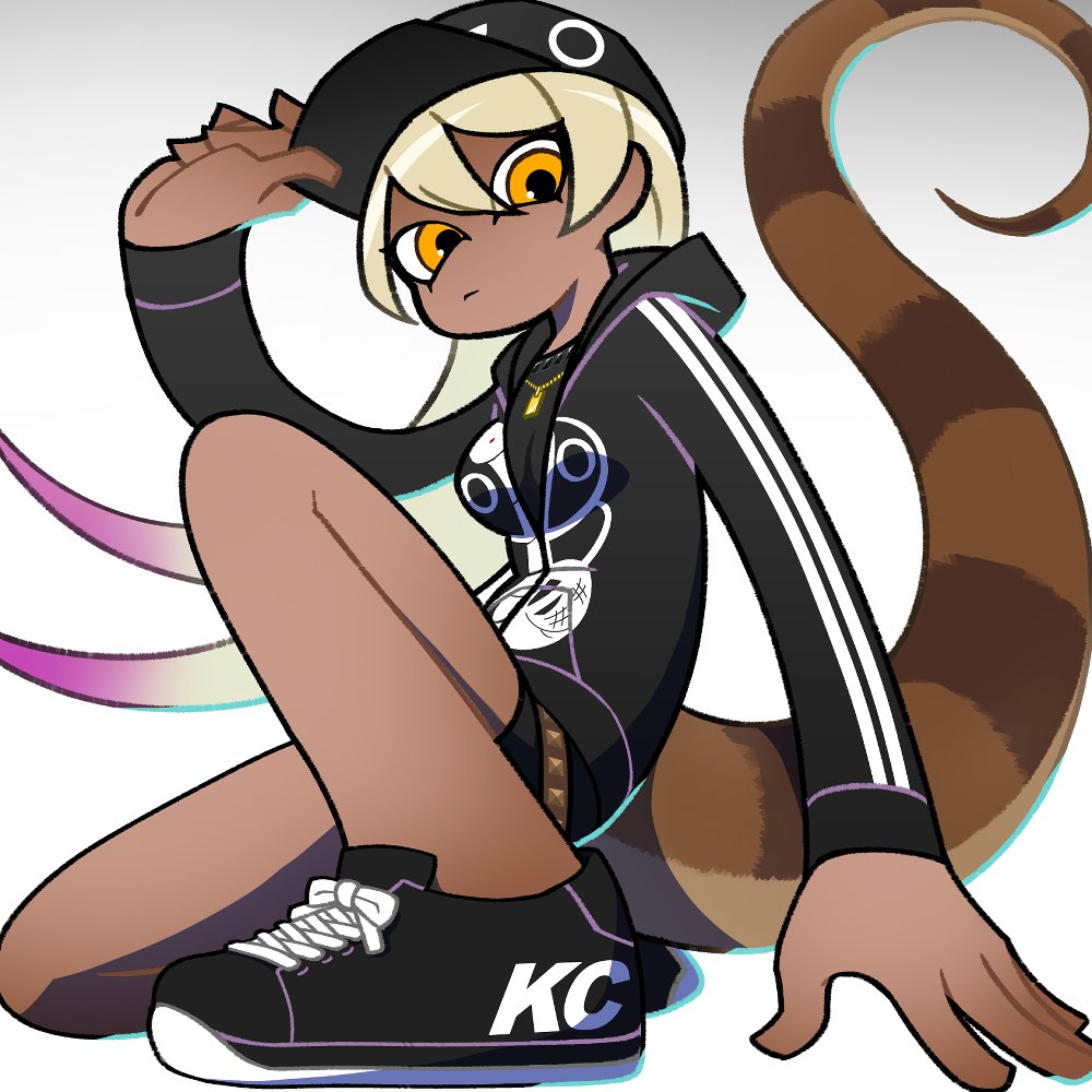 1girl arm_up bare_legs baseball_cap blonde_hair cardigan closed_mouth dark-skinned_female dark_skin expressionless eyes_visible_through_hair full_body hand_on_headwear hat hood hood_down hooded_cardigan hoshino_mitsuki jewelry kemono_friends king_cobra_(kemono_friends) knee_up long_hair long_sleeves looking_at_viewer official_alternate_costume one_knee orange_eyes outstretched_arm partially_unzipped pendant purple_hair shirt shoes shorts simple_background snake_tail sneakers solo tail undershirt very_long_hair white_background zipper