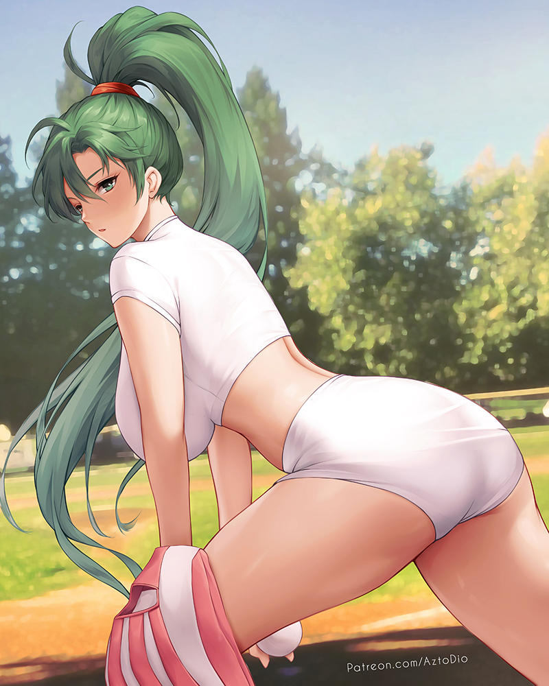 1girl ass aztodio ball bangs baseball baseball_mitt blurry blurry_background blush breasts fire_emblem fire_emblem:_the_blazing_blade green_eyes green_hair holding holding_ball large_breasts leaning_forward long_hair looking_at_viewer lyn_(fire_emblem) midriff outdoors parted_lips patreon_username pitching ponytail revision shirt short_sleeves shorts solo thighs very_long_hair web_address white_shirt white_shorts