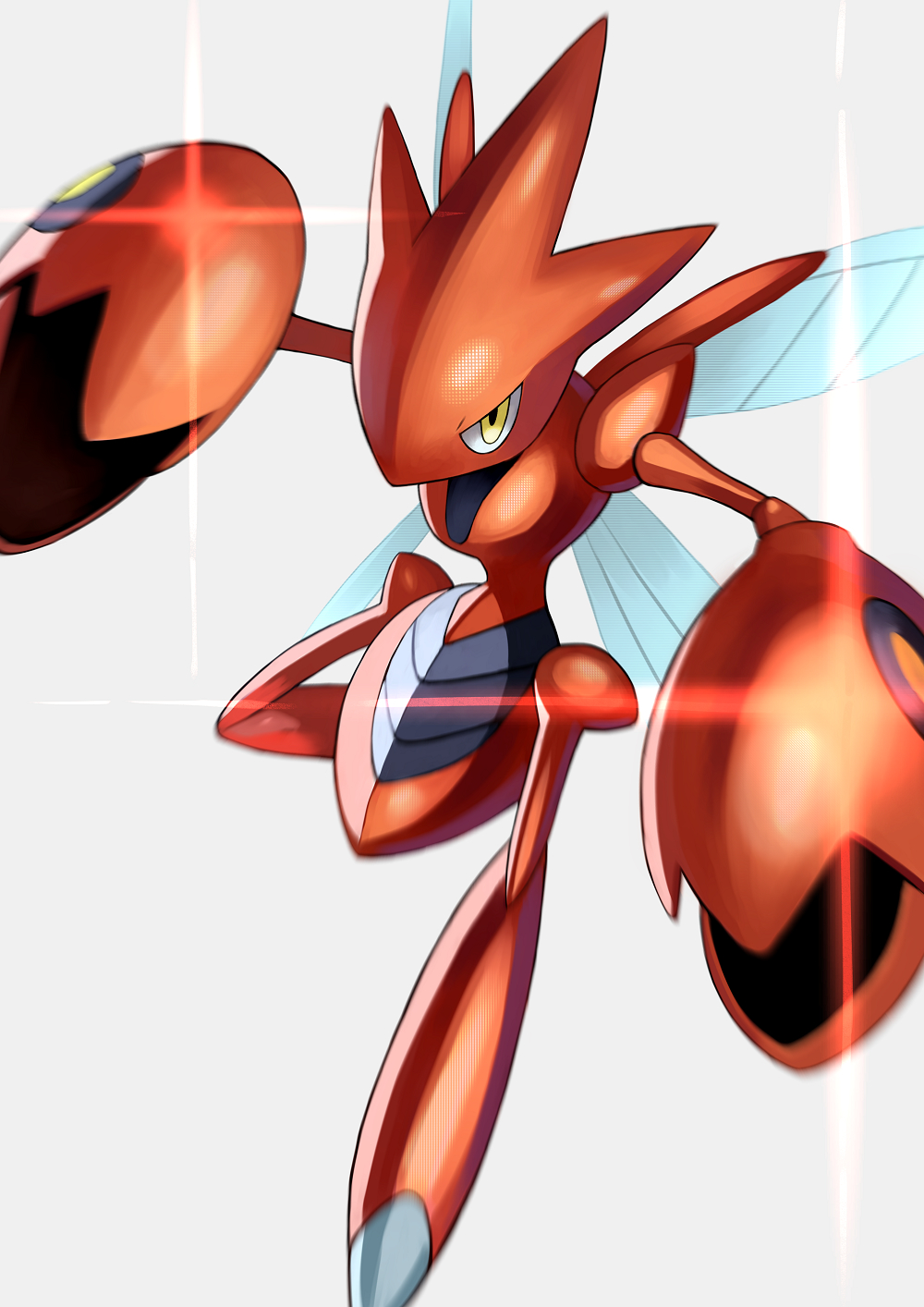 blurry commentary_request glint grey_background highres legs_apart looking_at_viewer motion_blur no_humans pincers pokemon pokemon_(creature) scizor solo tesshii_(riza4828) yellow_eyes