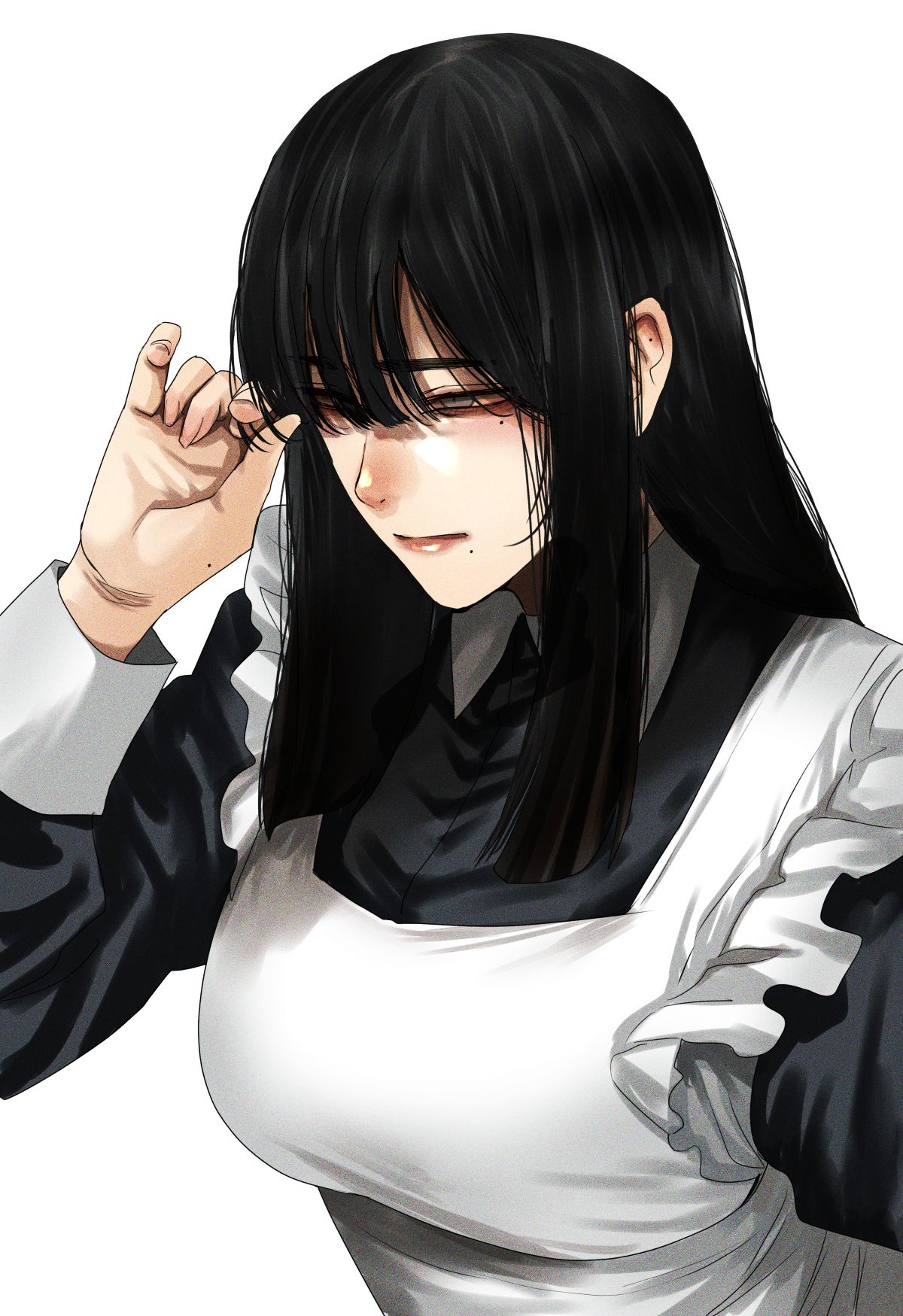 1girl apron black_hair breasts closed_mouth grey_eyes hand_up highres hoshi_san_3 large_breasts long_hair long_sleeves maid mole mole_under_eye mole_under_mouth original simple_background solo white_apron white_background
