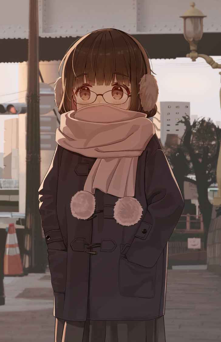1girl bangs bare_tree black-framed_eyewear black_jacket black_skirt blush brown_eyes brown_hair commentary_request covered_mouth earmuffs eyebrows_visible_through_hair glasses hands_in_pockets jacket lamppost long_sleeves looking_away mimikaki_(men_bow) original outdoors pleated_skirt scarf skirt solo traffic_cone traffic_light tree white_scarf