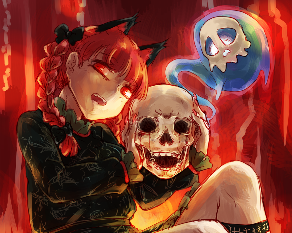 1girl animal_ears blood blue_fire bow braid cat_ears dress extra_ears fangs feet_out_of_frame fire flaming_skull floating_skull glowing glowing_eyes green_dress hair_bow hair_ribbon hitodama holding holding_skull hourai_kochou kaenbyou_rin knee_up long_hair long_sleeves looking_at_viewer nail_polish open_mouth red_background red_eyes red_nails redhead ribbon simple_background sitting skull solo teeth tongue touhou tress_ribbon twin_braids