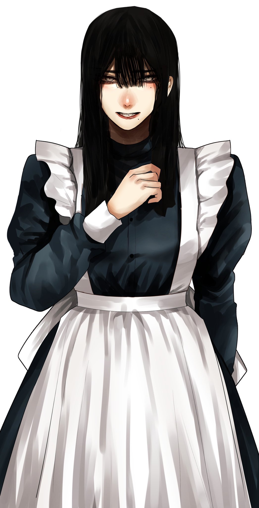 1girl apron black_dress black_hair dress grey_eyes hand_up highres hoshi_san_3 long_hair long_sleeves looking_at_viewer mole mole_under_eye mole_under_mouth original simple_background smile solo white_apron white_background