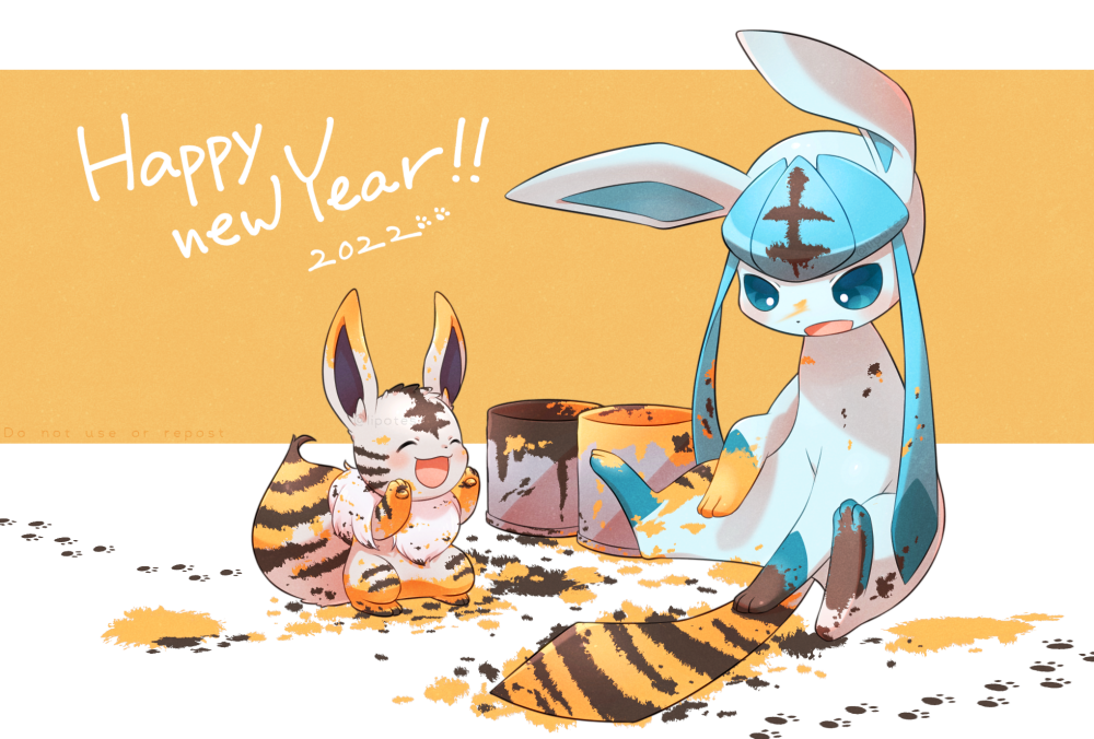 2022 alopias blue_eyes blue_fur brown_fur closed_eyes eevee furry glaceon new_year open_mouth paint paint_can paint_splatter pokemon smile