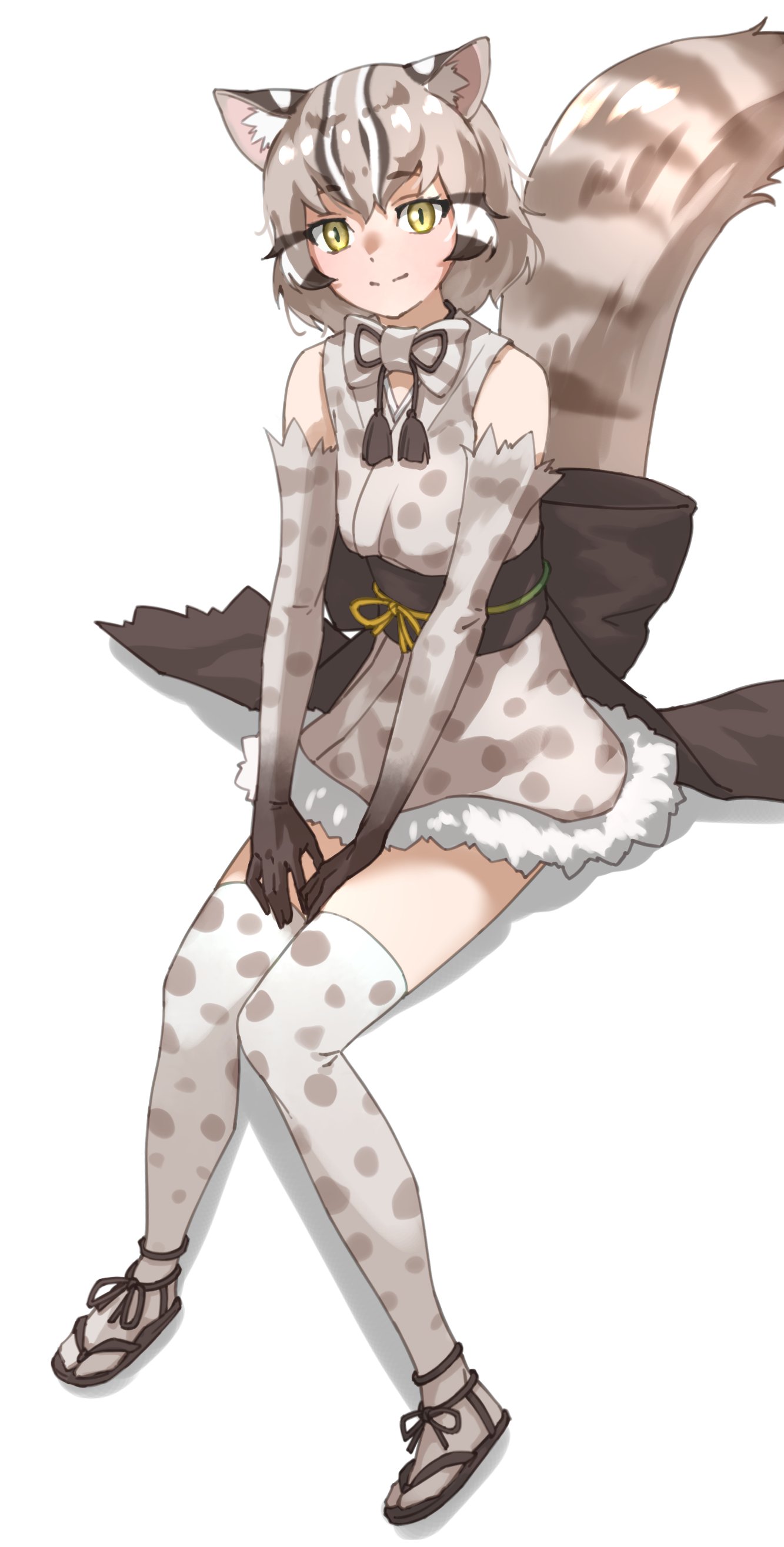 1girl absurdres animal_ears animal_print back_bow bare_shoulders bow cat_ears cat_girl cat_print cat_tail commentary_request elbow_gloves eyebrows_visible_through_hair fur_trim gloves grey_hair high-waist_skirt highres kemono_friends looking_at_viewer multicolored_hair print_gloves print_legwear print_shirt print_skirt sandals shirt short_hair sidelocks sitting skirt sleeveless solo tail tanabe_(fueisei) thigh-highs tsushima_leopard_cat_(kemono_friends) yellow_eyes zettai_ryouiki