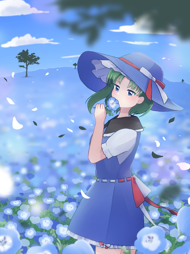 1girl adapted_costume asymmetrical_hair bangs blue_dress blue_eyes blue_flower blue_headwear blue_sky blush bow breasts clouds collared_dress commentary_request cowboy_shot dress eyebrows_visible_through_hair field flower flower_field frilled_dress frills green_hair hat hat_bow hill holding looking_at_viewer looking_to_the_side medium_breasts miyaco_(shirataki_168) nemophila_(flower) red_bow ribbon-trimmed_dress shiki_eiki shirt short_hair short_sleeves sky sleeveless sleeveless_dress solo sun_hat touhou tree two-tone_bow white_bow white_shirt