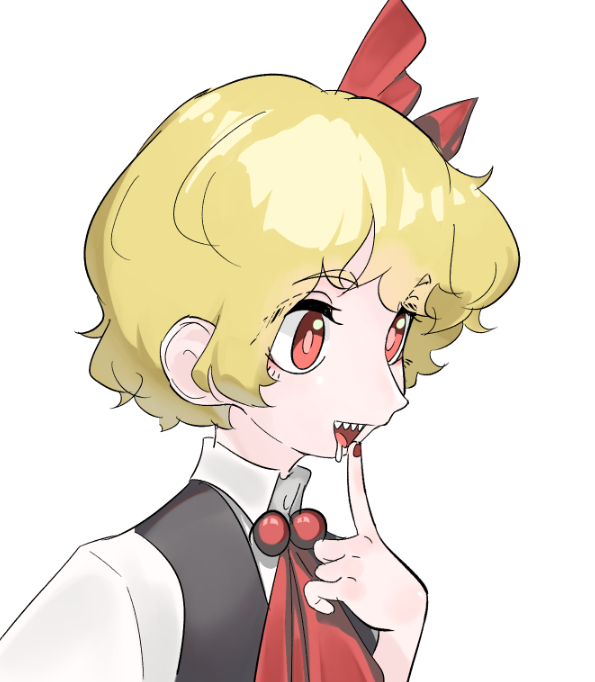 1girl ascot bangs black_vest blonde_hair bow collared_shirt eyebrows_visible_through_hair frogsnake hair_bow nail_polish open_mouth red_ascot red_bow red_eyes red_nails rumia saliva sharp_teeth shirt short_hair simple_background solo teeth touhou vest wavy_hair white_background white_shirt