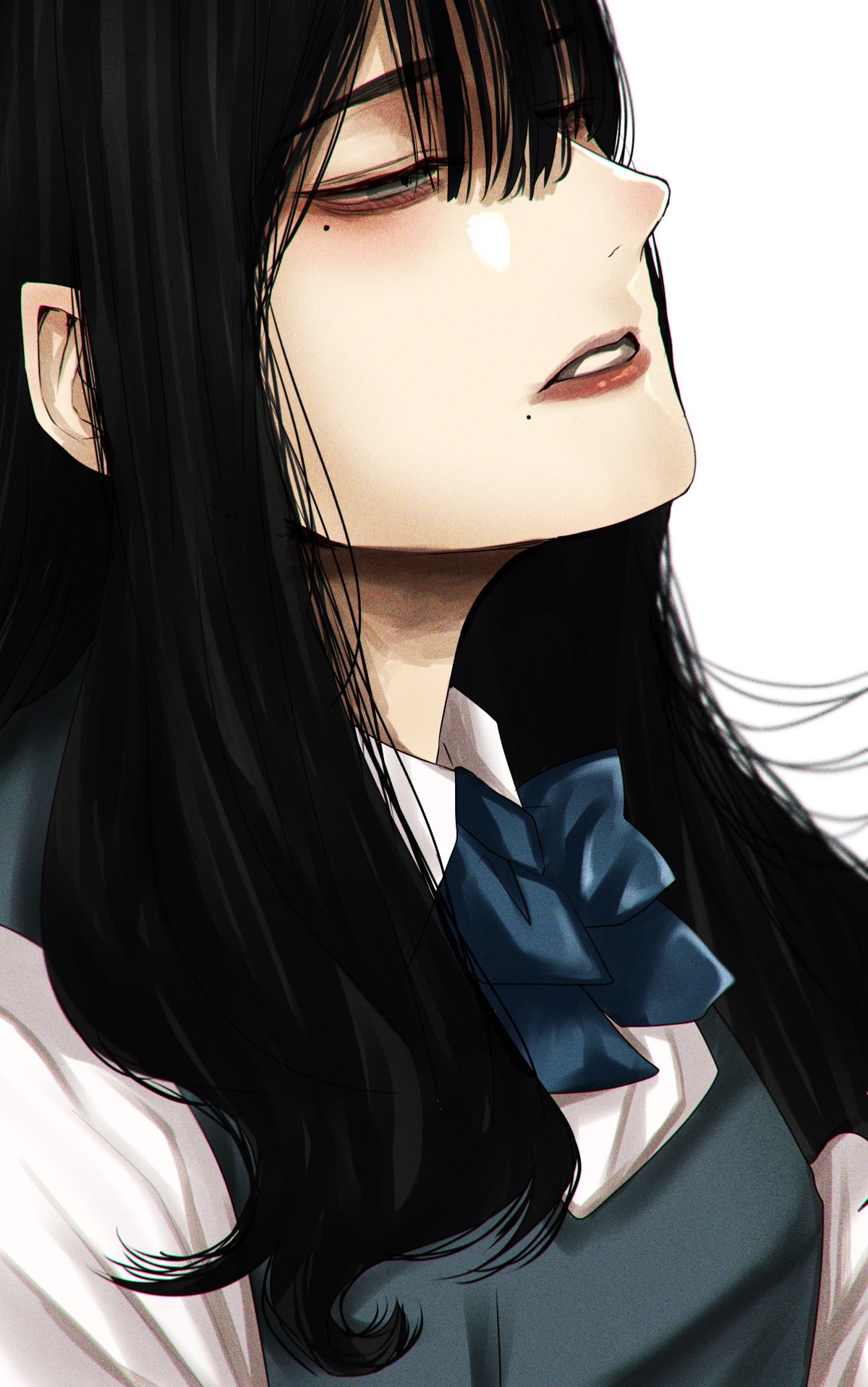 1girl black_hair blue_bow blue_bowtie bow bowtie from_side grey_eyes half-closed_eyes highres hoshi_san_3 long_hair original parted_lips shirt simple_background solo white_background white_shirt wing_collar