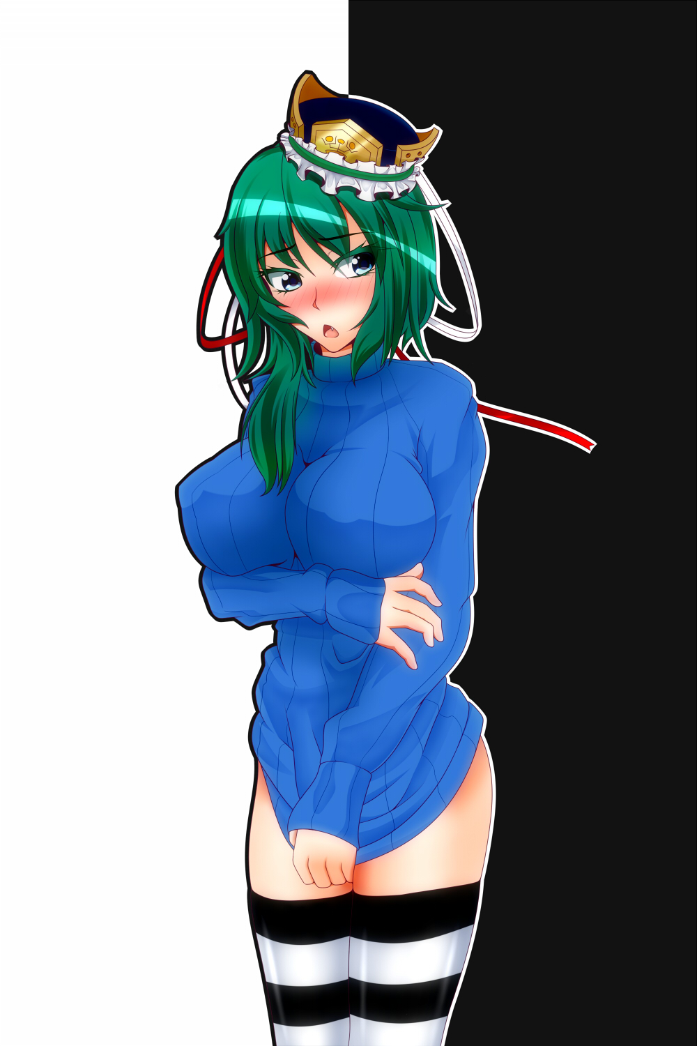 1girl alternate_breast_size alternate_costume arm_under_breasts asymmetrical_hair bangs black_background black_legwear black_outline blue_eyes blue_headwear blue_sweater blush breasts commentary_request cowboy_shot eyebrows_visible_through_hair frilled_hat frills green_hair hat highres impossible_clothes impossible_sweater inagoya large_breasts long_hair looking_to_the_side open_mouth outline shiki_eiki simple_background solo striped striped_legwear sweater thigh-highs touhou two-tone_background white_background white_legwear white_outline