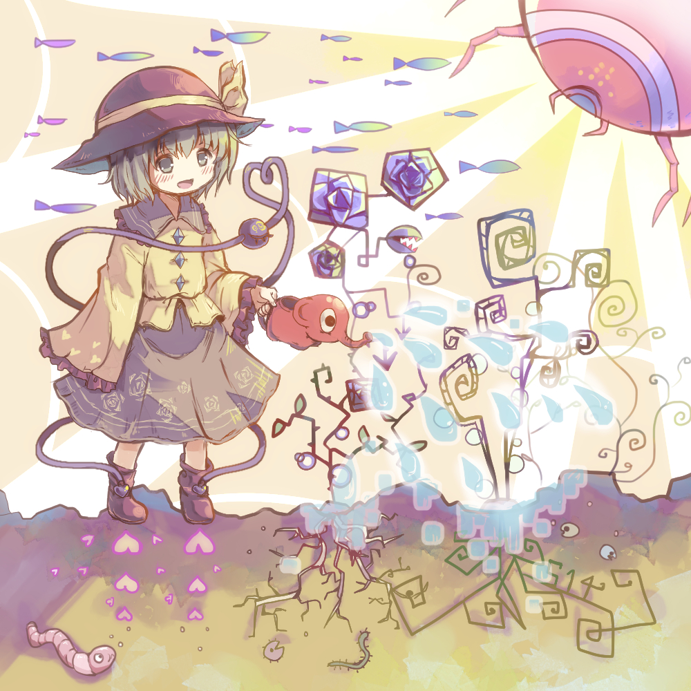 1girl :d abstract bangs black_footwear black_headwear blouse blue_flower blue_rose bow buttons can carnivorous_plant clip_studio_paint_(medium) diamond_button fish floral_print flower frills full_body green_eyes green_hair green_skirt hat hat_bow heart heart_of_string holding holding_can komeiji_koishi leaf light_rays long_sleeves plant rose sekisei_(superego51) shirt short_hair skirt sleeves_past_fingers sleeves_past_wrists smile solo spiral third_eye thorns touhou watering watering_can wide_sleeves worm yellow_bow yellow_shirt