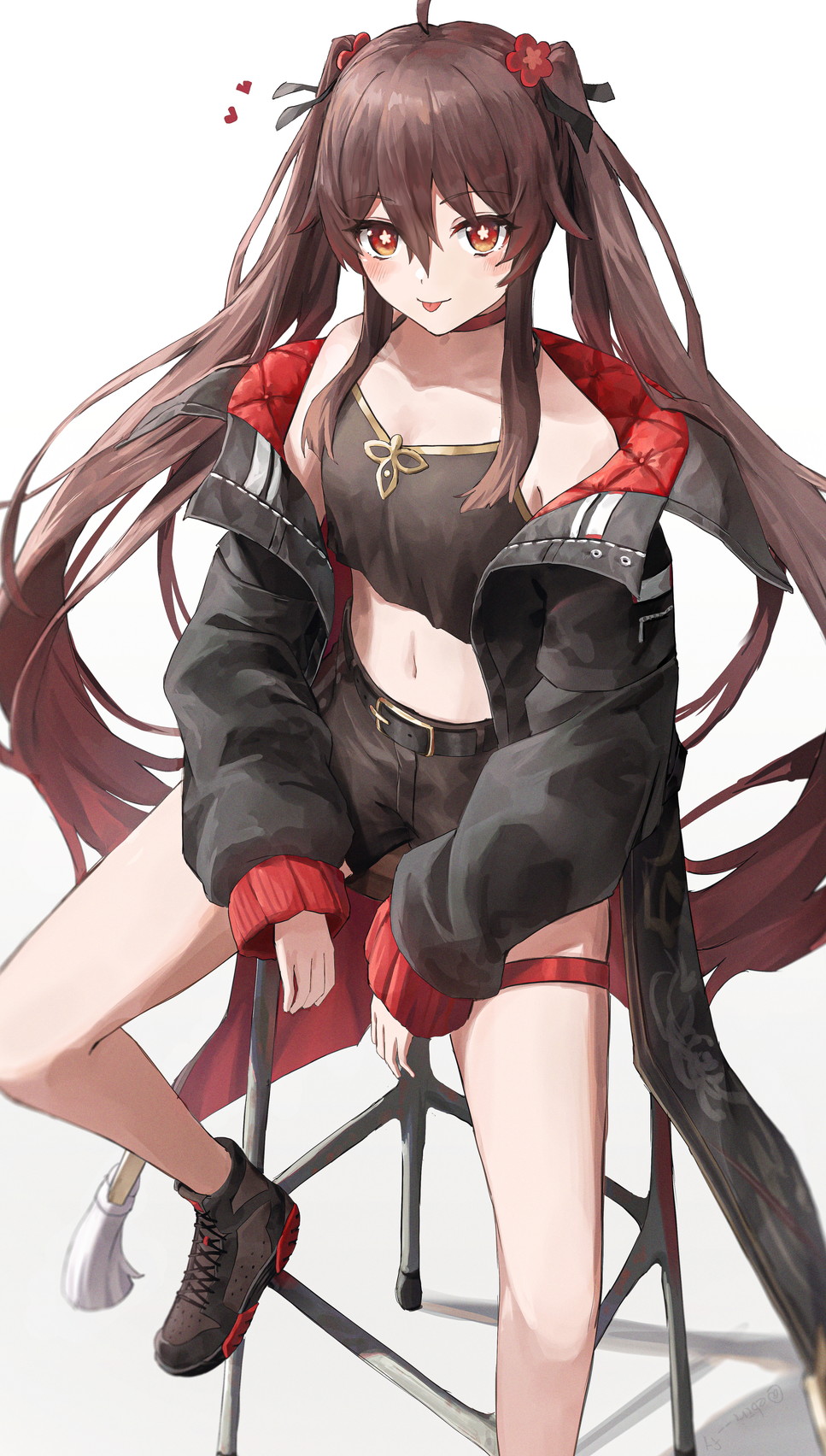 1girl ahoge alternate_costume bangs belt black_footwear black_jacket breasts brown_hair choker collarbone crop_top duplicate ebiri_fy flower genshin_impact hair_between_eyes heart highres hu_tao_(genshin_impact) jacket long_hair long_sleeves looking_at_viewer midriff off_shoulder on_stool red_choker red_eyes shirt shoes shorts simple_background sitting sleeveless sleeveless_shirt small_breasts smile sneakers solo symbol-shaped_pupils tongue tongue_out twintails very_long_hair white_background