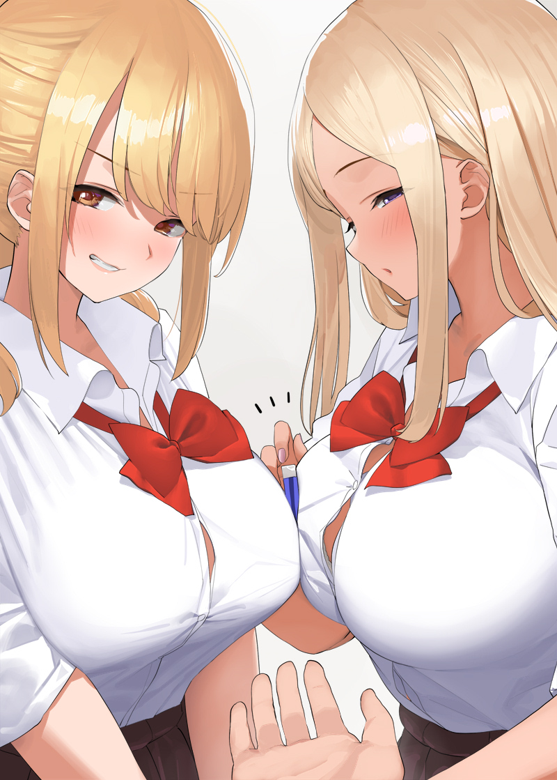 1other 2girls bangs blonde_hair blush bow bowtie breasts brown_eyes brown_skirt collared_shirt commentary commentary_request eyebrows_visible_through_hair kaisen_chuui large_breasts looking_at_viewer multiple_girls nail_polish original outstretched_hand parted_lips purple_nails red_bow red_bowtie shirt shirt_tucked_in short_sleeves simple_background skirt smile violet_eyes white_background white_shirt
