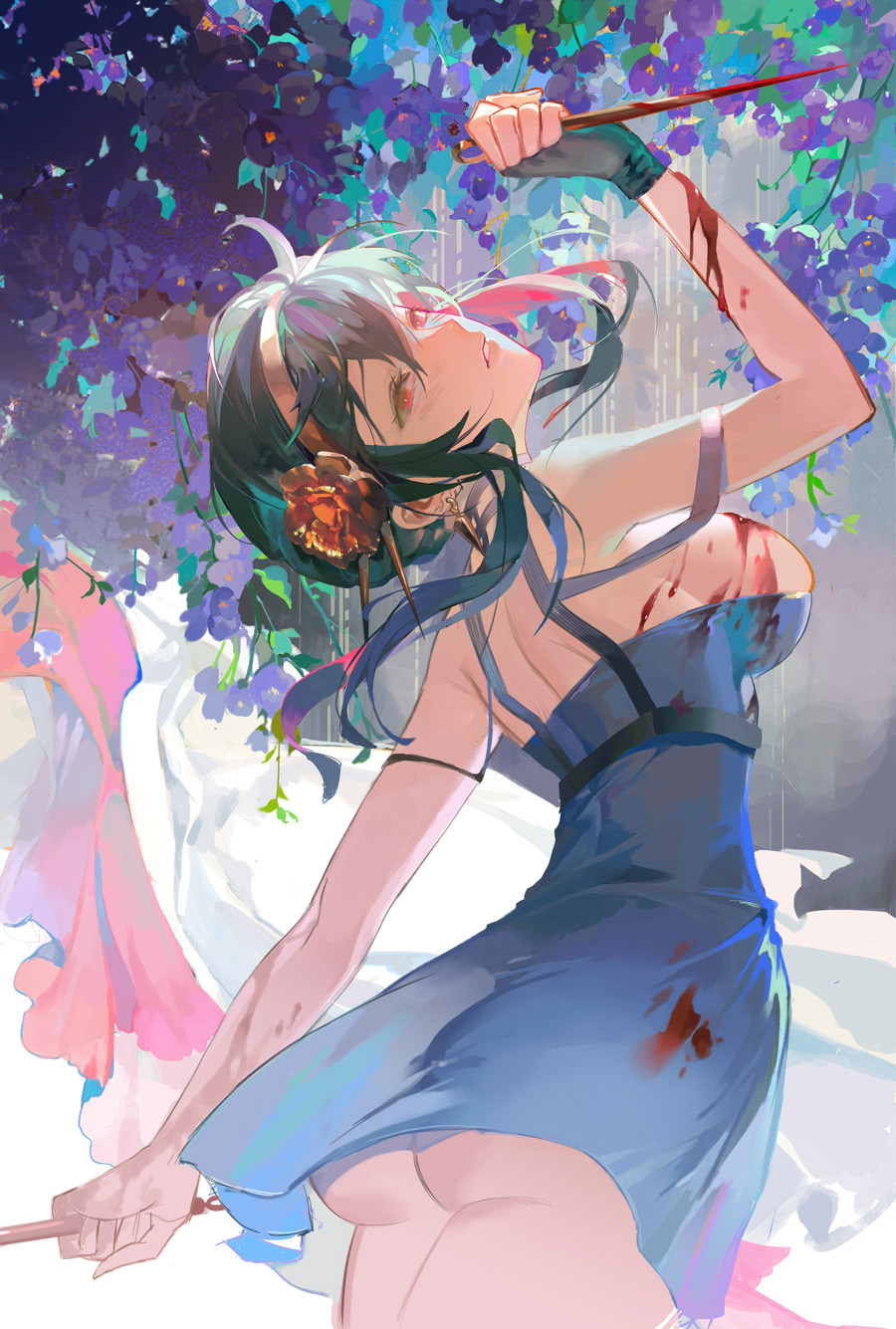 1girl ass bangs black_hair blood blood_on_breasts blood_on_clothes blue_dress breasts dress flower hair_flower hair_ornament highres holding holding_weapon knife large_breasts long_hair minty0 orange_hair purple_flower red_eyes sideboob solo spy_x_family weapon