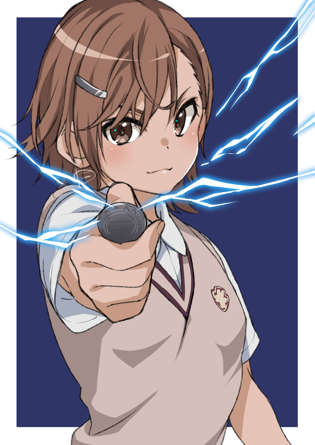 1girl blush brown_eyes brown_hair brown_vest closed_mouth coin commentary_request electricity electrokinesis hair_ornament hairclip highres holding holding_coin looking_at_viewer misaka_mikoto nyanmaru_(ememing) school_uniform shirt short_hair short_sleeves smile solo sweater_vest toaru_kagaku_no_railgun toaru_majutsu_no_index tokiwadai_school_uniform upper_body vest white_shirt