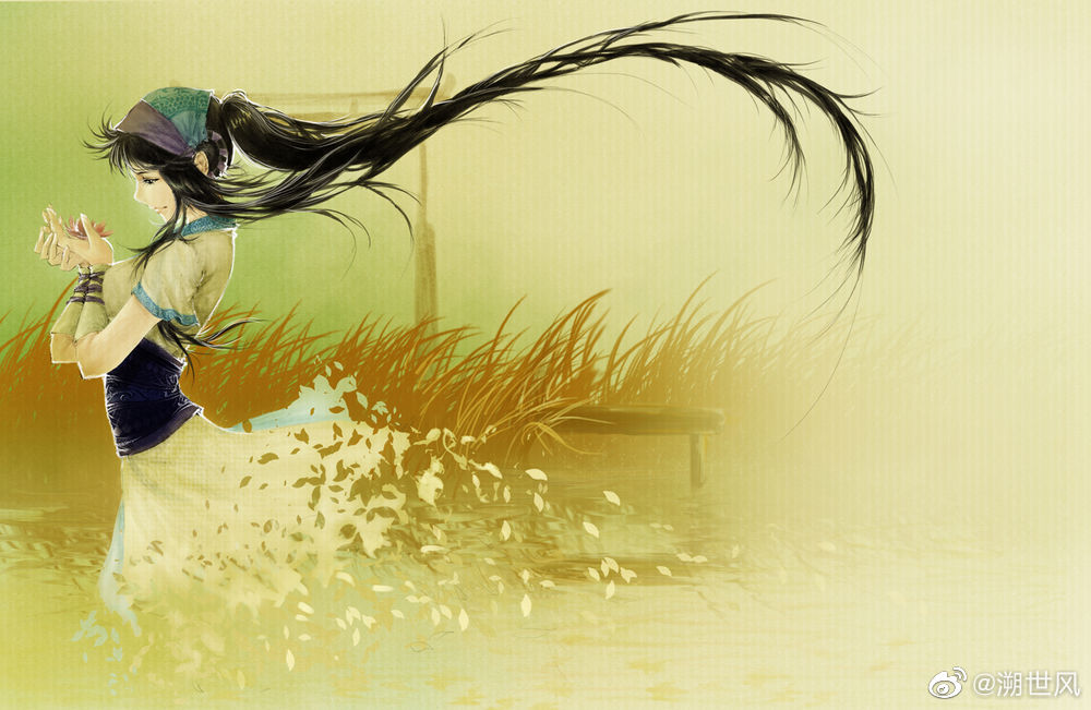 1girl black_hair chinese_clothes disintegration duanmu_rong_(qin_shi_ming_yue) flower from_side grass hairband leaf looking_down ponytail qin_shi_ming_yue smile solo sushi_feng upper_body