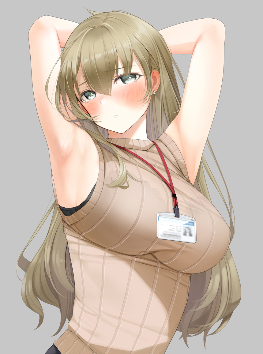 1girl armpits arms_behind_head arms_up bangs black_bra blonde_hair blue_eyes blush bra bra_visible_through_clothes breasts brown_sweater commentary_request earrings eyebrows_visible_through_hair fed_(giba) grey_background hair_between_eyes id_card jewelry lanyard large_breasts long_hair looking_at_viewer original paid_reward_available see-through simple_background sleeveless sleeveless_sweater solo sweat sweater underwear