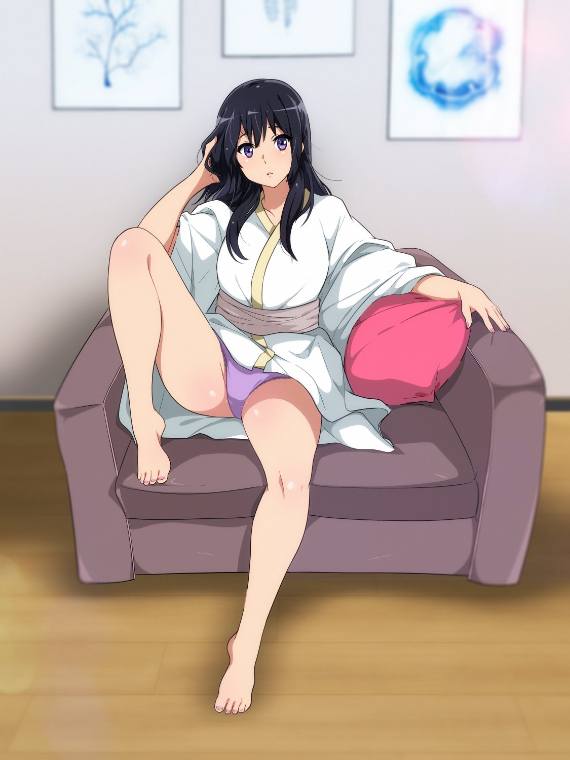 1girl arm_rest bangs barefoot black_hair couch cushion full_body hand_in_own_hair hand_up hibike!_euphonium highres knee_up kousaka_reina legs long_hair looking_at_viewer on_couch panties pantyshot parted_lips picture_frame purple_panties robe sash sbel02 sitting solo thighs underwear violet_eyes wooden_floor