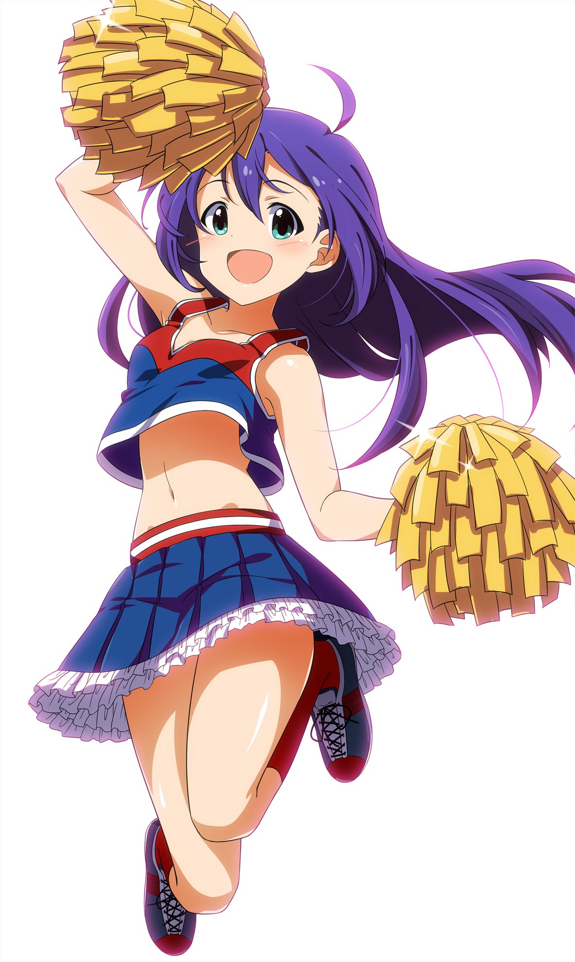 1girl ahoge cheering cheerleader commentary_request crop_top green_eyes highres holding holding_pom_poms hum_desu idolmaster idolmaster_million_live! jumping long_hair looking_at_viewer miniskirt mochizuki_anna navel open_mouth pleated_skirt pom_pom_(cheerleading) purple_hair shirt skirt sleeveless sleeveless_shirt solo tank_top white_background