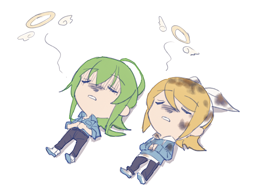 2girls blonde_hair blue_hoodie blue_shirt bow bow_hairband chibi closed_eyes commentary death dirty dirty_clothes dirty_face drawstring giving_up_the_ghost green_hair gumi hair_bow hairband halo hood hoodie kagamine_rin lying medium_hair multiple_girls omake on_back own_hands_together pants parted_lips shirt sidelocks vocaloid white_bow white_footwear wings wounds404